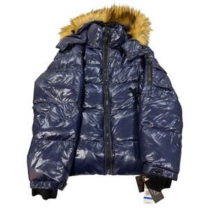 *R39 S13 Men's Faux Fur Lined Hoodie Puffer Jacket Navy XL